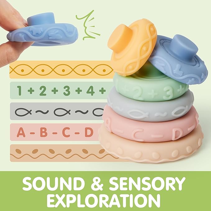 Food-Grade Sensory Toys, Infant Stacking Circles Teether, Blocks, 3D Stress Balls, Pull String, Learning Gifts for Baby Girls Boys