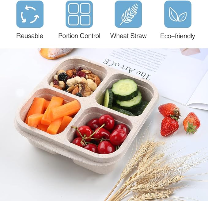 4 Pack Snack Containers, 4 Compartments Bento Snack Box, Reusable Meal Prep Lunch Containers