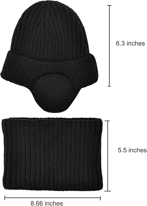 Unisex Kids Earflap Beanie and Scarf Set 2pcs Winter Warm Knit Fleece Lined Skull Cap Neck Warmer