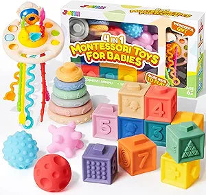 Food-Grade Sensory Toys, Infant Stacking Circles Teether, Blocks, 3D Stress Balls, Pull String, Learning Gifts for Baby Girls Boys