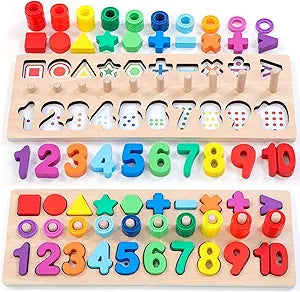 Wooden Montessori Toys for Kids Toddler Number Puzzles Sorter Counting Shape