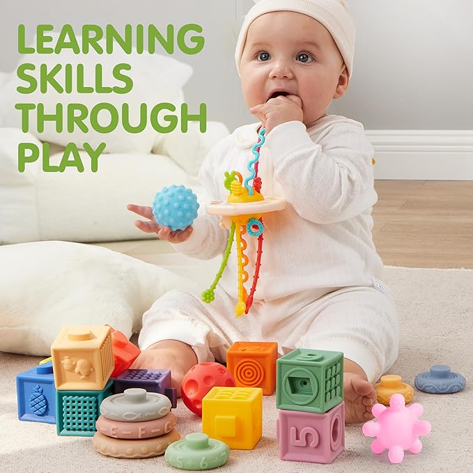 Food-Grade Sensory Toys, Infant Stacking Circles Teether, Blocks, 3D Stress Balls, Pull String, Learning Gifts for Baby Girls Boys
