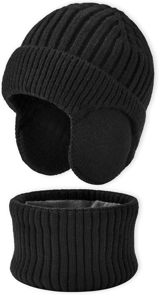 Unisex Kids Earflap Beanie and Scarf Set 2pcs Winter Warm Knit Fleece Lined Skull Cap Neck Warmer