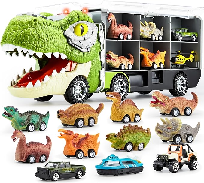 13 in 1 Dinosaur Toys for Kids 3-5, Dinosaur Truck with 12 Pull Back Cars.