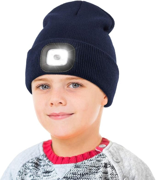 LED Beanie for Kids, Unisex Rechargeable Headlamp Hat Winter Night Lighted Cap