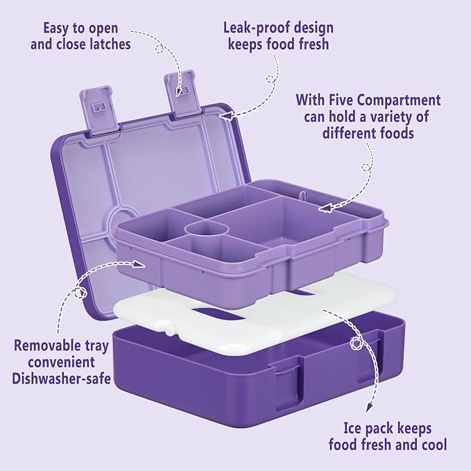 Bento Box for Kids, Chill Lunch Box with Reusable Ice Pack, Leak-proof 5-Compartment Bento Lunch Container