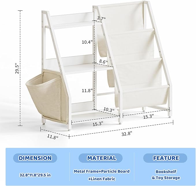 Kids Bookshelf and Toy Organizer, 3 Tier Bookshelf for Kids, Montessori Bookcase Book Shelf for Kids Rooms, Bedroom, Playroom, Nursery