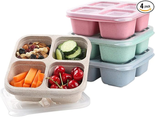 4 Pack Snack Containers, 4 Compartments Bento Snack Box, Reusable Meal Prep Lunch Containers