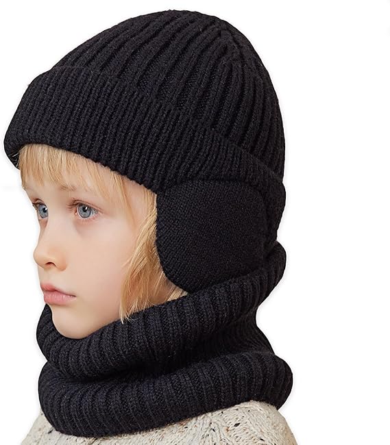 Unisex Kids Earflap Beanie and Scarf Set 2pcs Winter Warm Knit Fleece Lined Skull Cap Neck Warmer