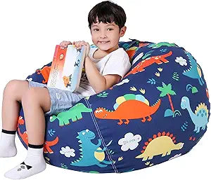 Lukeight Stuffed Animal Storage Bean Bag Chair Cover for Kids, Dinosaur Zipper Beanbag Chair Cover