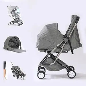 Lightweight Stroller with Sleeping Basket and Rain Cover,One-Handed Folding Compact Stroller for Airplane (Gray)