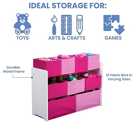 Delta Children Deluxe Multi-Bin Toy Organizer with Storage Bins, White/Pink Bins